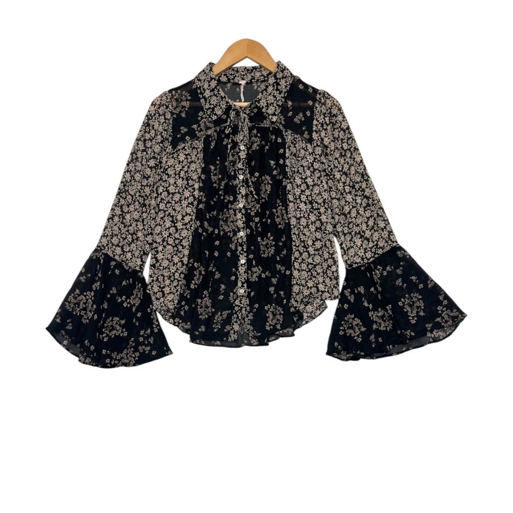 Free People Serena Top Womens Large Black Sheer Floral Bell Sleeve Boho Festival
